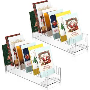 2 Pcs Christmas Greeting Card Display Stand Acrylic Greeting Card Display Rack Portable Postcard Organizer for Retail Counter Tabletop Postcards Coasters Stickers Brochures Vendors (Clear)