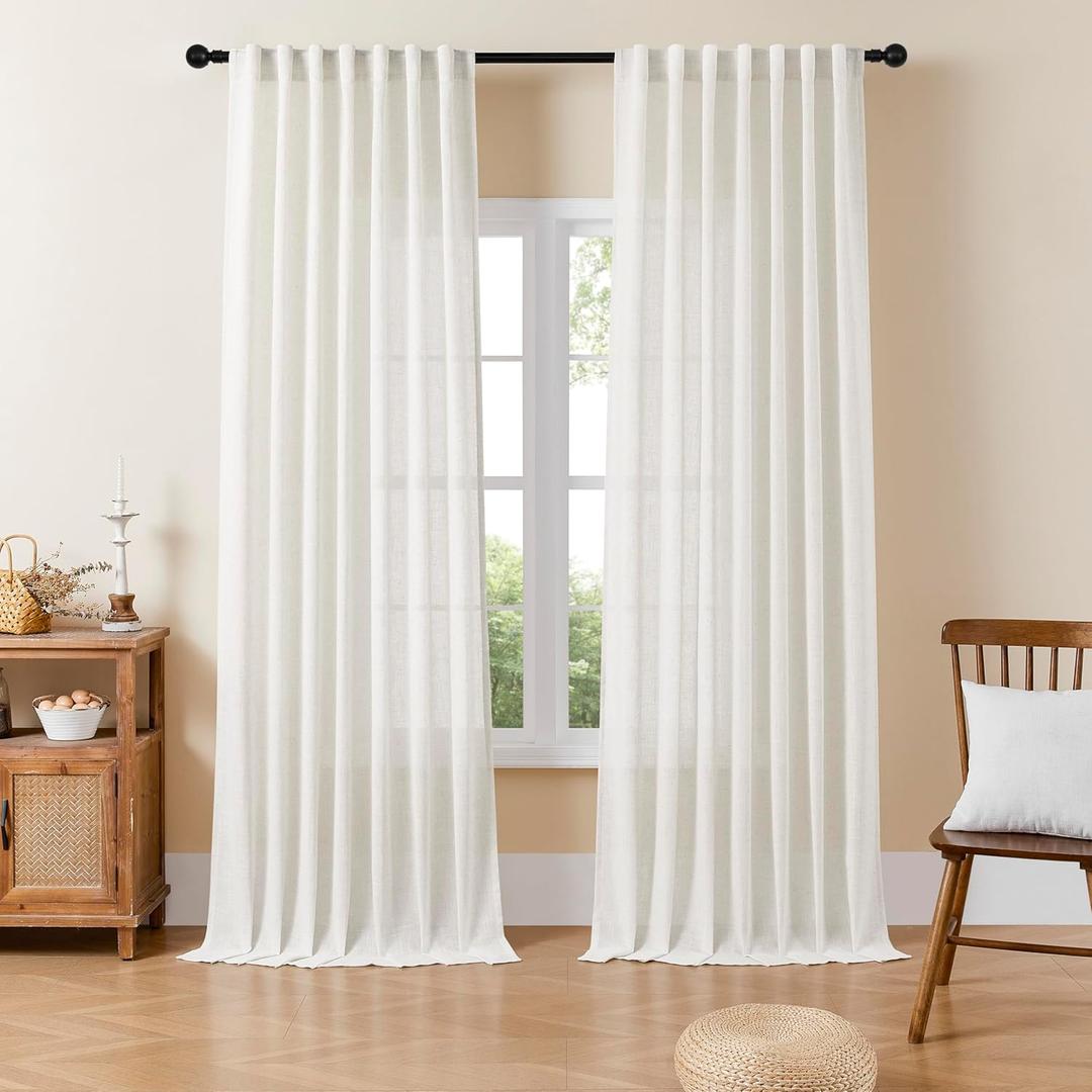 Joydeco Light Filtering Curtains 108 Inch Length for Bedroom, Linen Curtains 108 Inch Length 2 Panels Set for Living Room, White Semi Sheer Curtains 108 Inches Long with Rod Pockets,