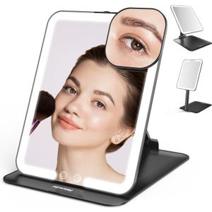 Mocado Travel Makeup Mirror with Light, Tripple Folding Vanity Mirror with Lights, 3 Colors Lighted Makeup Mirror, 1500mAh Rechargeable, Memory Function, Freely Adjust Height and Angle(Black) (8"L x 6"W)
