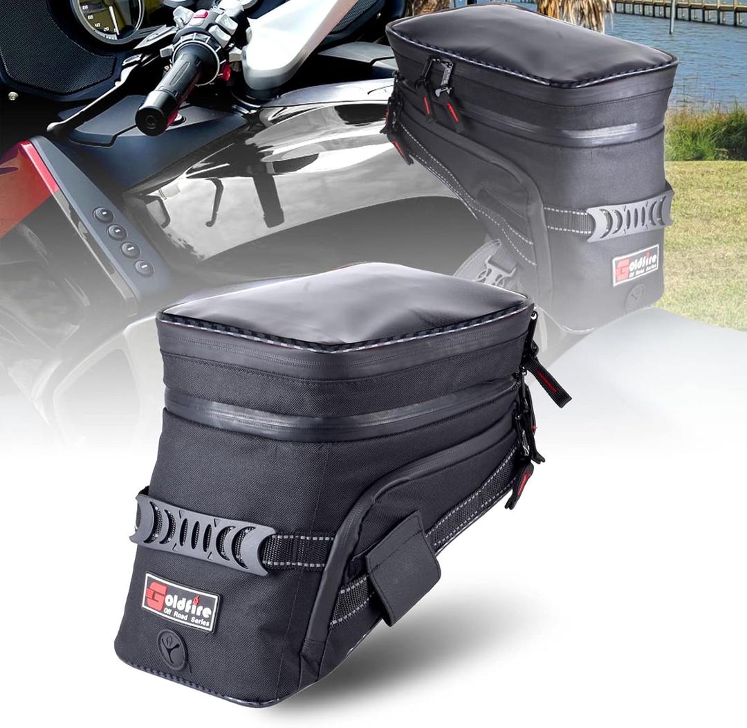 Goldfire Motorcycle Tank Bag Expandable ADV Gas Oil Fuel Tank Saddle Bag with Strong Strap Mount Water Resistant Motorcycle Storage Bag (Black)