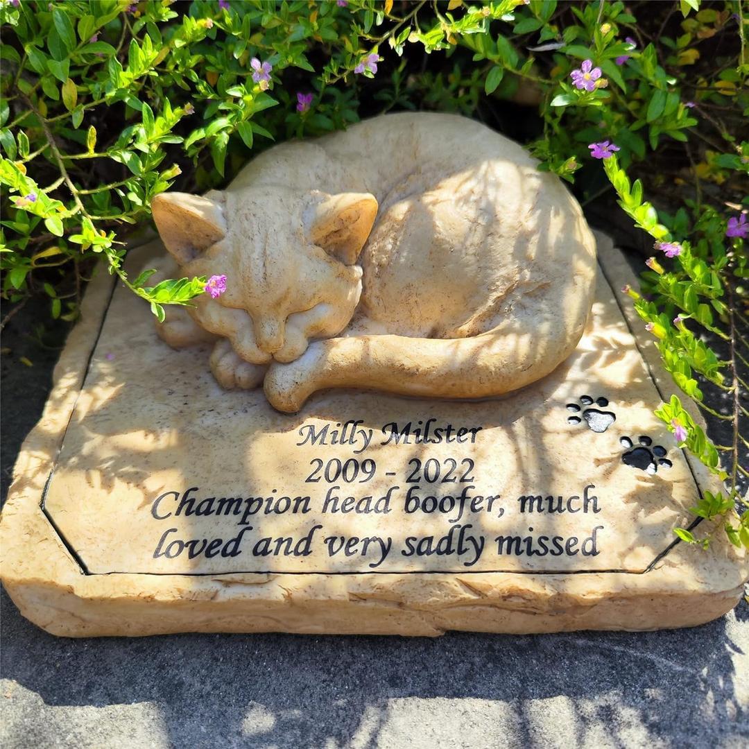 Pet Grave Markers Garden Stones, Personalized Cat Memorial Statue with Sleeping Cat, Customizable Headstone Outdoor Memorial Gifts