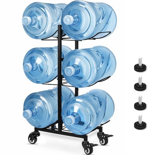 5 Gallon Water Jug Holder with 4 Wheels, Movable Heavy Duty Foldable Water Jug Stand 3-Tier 5 Gallon Water Bottle Holder Water Cooler Jug Storage Rack for 6 Bottles(Black)