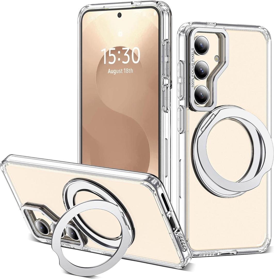 For Samsung Galaxy S25 Plus Case with 360Rotatable Magnetic Ring Stand Compatible with Mag-Safe Military Protection Shockproof Transparent Phone Cases for Galaxy S25+,Clear