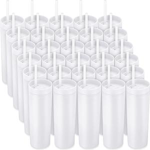 Potchen 30 Pcs 16 oz Skinny Tumblers with Lids and Straws Bulk, White