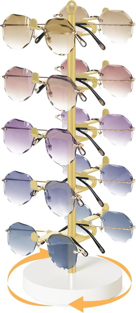 Mkono 360 Rotating Sunglasses Organizer Metal Eyeglass Holder Stand Sunglass Storage Display Eyeglasses Rack for up to 10 Pairs of Eyewear Glasses for Table Dresser Desk Countertop Bedroom, Gold