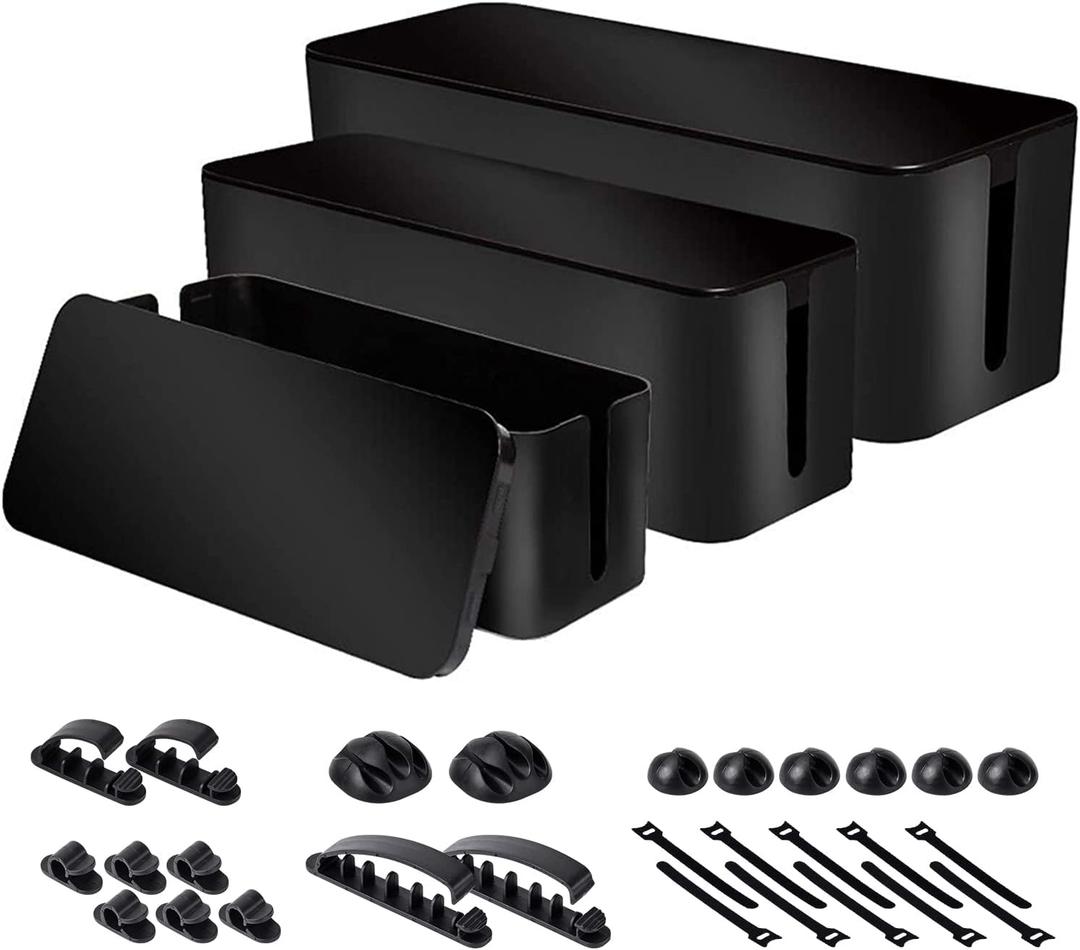 Cable Organizer Box Set of Three, Power Cover Cord Holder Surge Protector for Desk (Black)