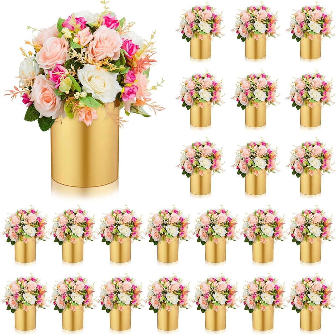24 Pcs Gold Cylinder Vases for Wedding Centerpieces 5.1 Inch Tall Metal Flowers Vase Small Hurricane Holder for Wedding Table Centerpieces Anniversary Dining Coffee Table Party Decorations