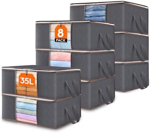 Lifewit 8 Pack Clothes Storage Bag, Foldable Storage Bin Closet Organizer with Reinforced Handle, Sturdy Fabric Blanket Storage with Clear Window, Storage Containers for Clothing, Bedding, Gray