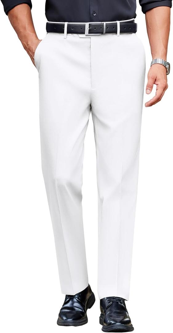 COOFANDY Mens Classic Casual Dress Pants Expandable Waist Suit Pant Slim Fit Flat Front Slacks (34W x 30L, White)
