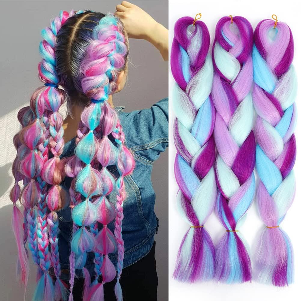 Colorful Braiding Hair Extensions,24 Inch 3 Packs Synthetic High Temperature Rainbow Jumbo Braids Hair 4 Tone Crochet Colored Hair Extension for Braiding(Purple/Light Purple/Blue/Light Cyan)
