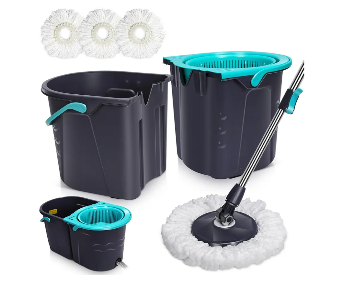 MASTERTOP Mop and Bucket with Wringer Set for Home, 360°Spin Mop with Adjustable Stainless Steel Handle,Spinning Mop for Home,Double Bucket System for Floor Cleaning - 3 Microfiber Heads