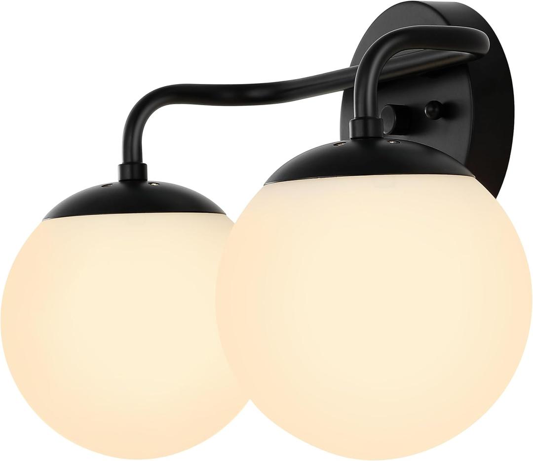 JONATHAN Y 15" Black Modern Globe Wall Sconce Vanity Light for Bathroom, White Frosted Glass Shade, Midcentury Parisian Bistro Wall Lamp, LED Bulb Included (JYL3535B)