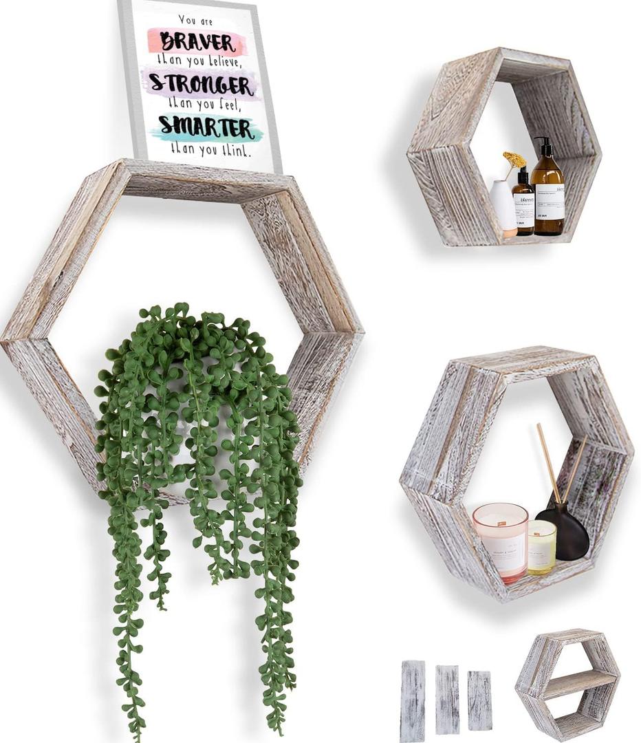 Comfify Rustic Wall Mounted Hexagonal Floating Shelves Set of 3 Honeycomb Shelves - Farmhouse Decor Honeycomb Wall Decor - Rustic White
