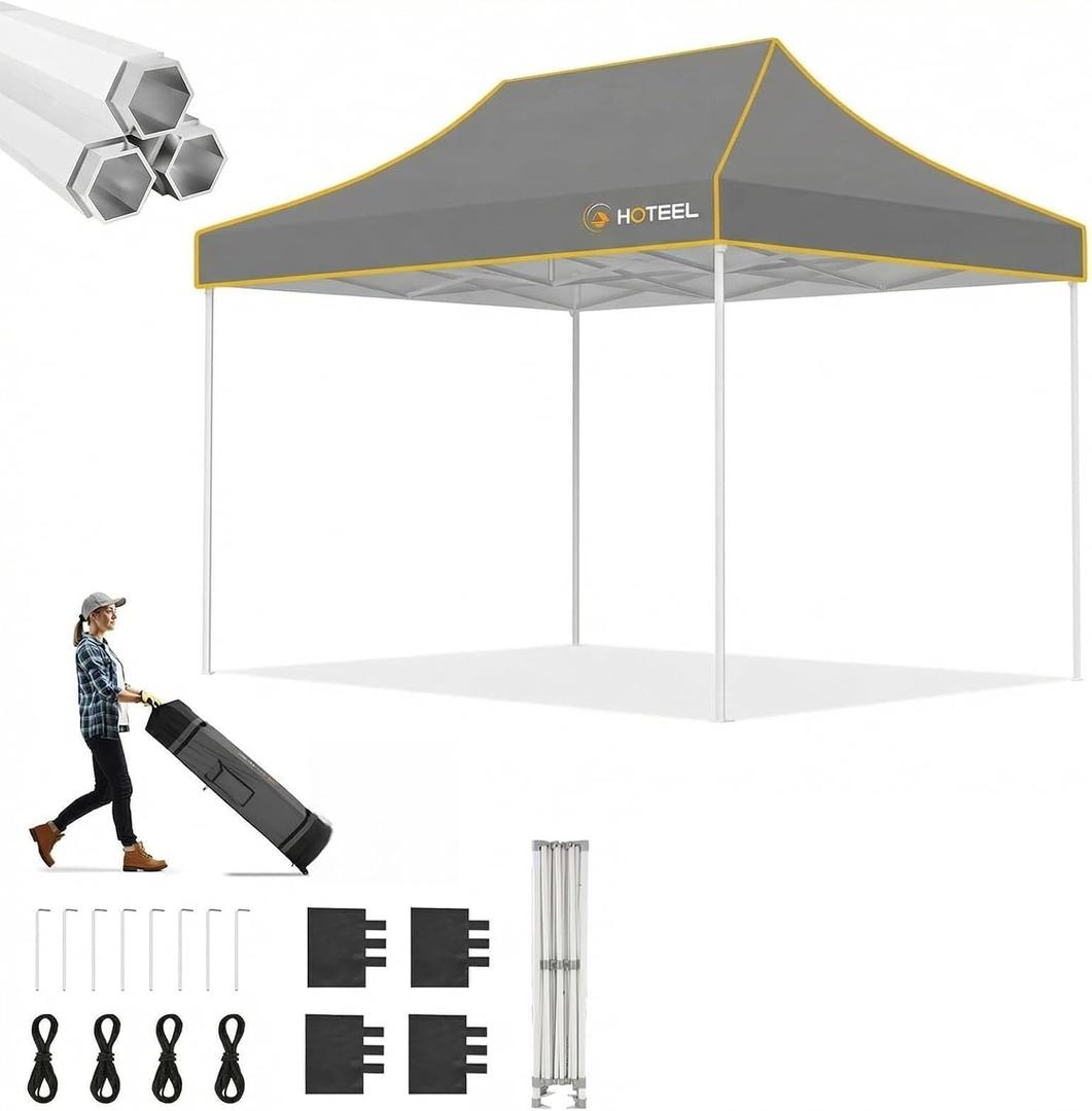 Hoteel 10x15 Pop Up Canopy Tent Heavy Duty Without Sidewalls, Waterproof Party Tent, Easy Set-up Commercial Instant Tents with Roller Bag & Sandbags, Hexagonal Leg (Gray)