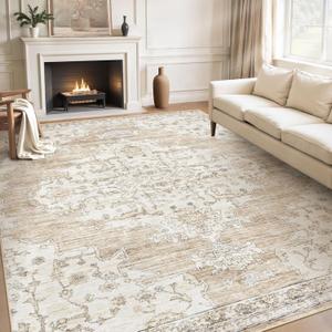 Area Rugs 9x12 Living Room: Lagre Vintage Living Room Rug with Non-Slip Backing Low Pile Rugs Soft Indoor Floor Thin Carpet Non Shedding Neutral Carpets for Bedroom Dining Room Farmhouse Nursery Beige