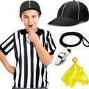 Funtery 4 Pcs Referee Costume Set Kids Referee Hat Stripe Shirt Whistle and Penalty Flag for Football Games Party Accessory (Small)
