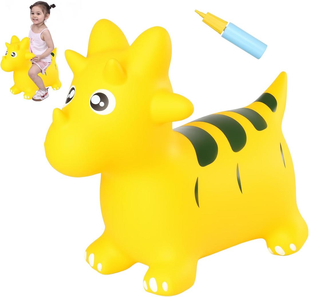 INPANY Bouncy Horse, Dinosaur Hopper Toys, Toddler Bouncing Animal, Dinosaur Party Decorations, Inflatable Ride on Rubber Triceratops Bouncer, Outdoor Cool Birthday Gift for 2 3 4 Yr Boy Girl Yellow