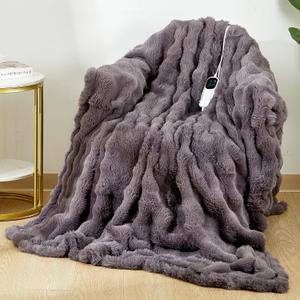 Fotgear Heated Blanket Electric Throw - Soft Cozy Faux Fur Bubble Electric Blankets with 6 Time Settings, 8 Heating Levels, Fast Heating & Overheat Protection, Machine Washable (59" x 79", Gray)