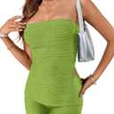 KIFOVEN Womens 2 Pieces Outfit Pleated Side Split Strapless Tube Top Shorts Set Summer Bandeau Going Out Set (Green, S)