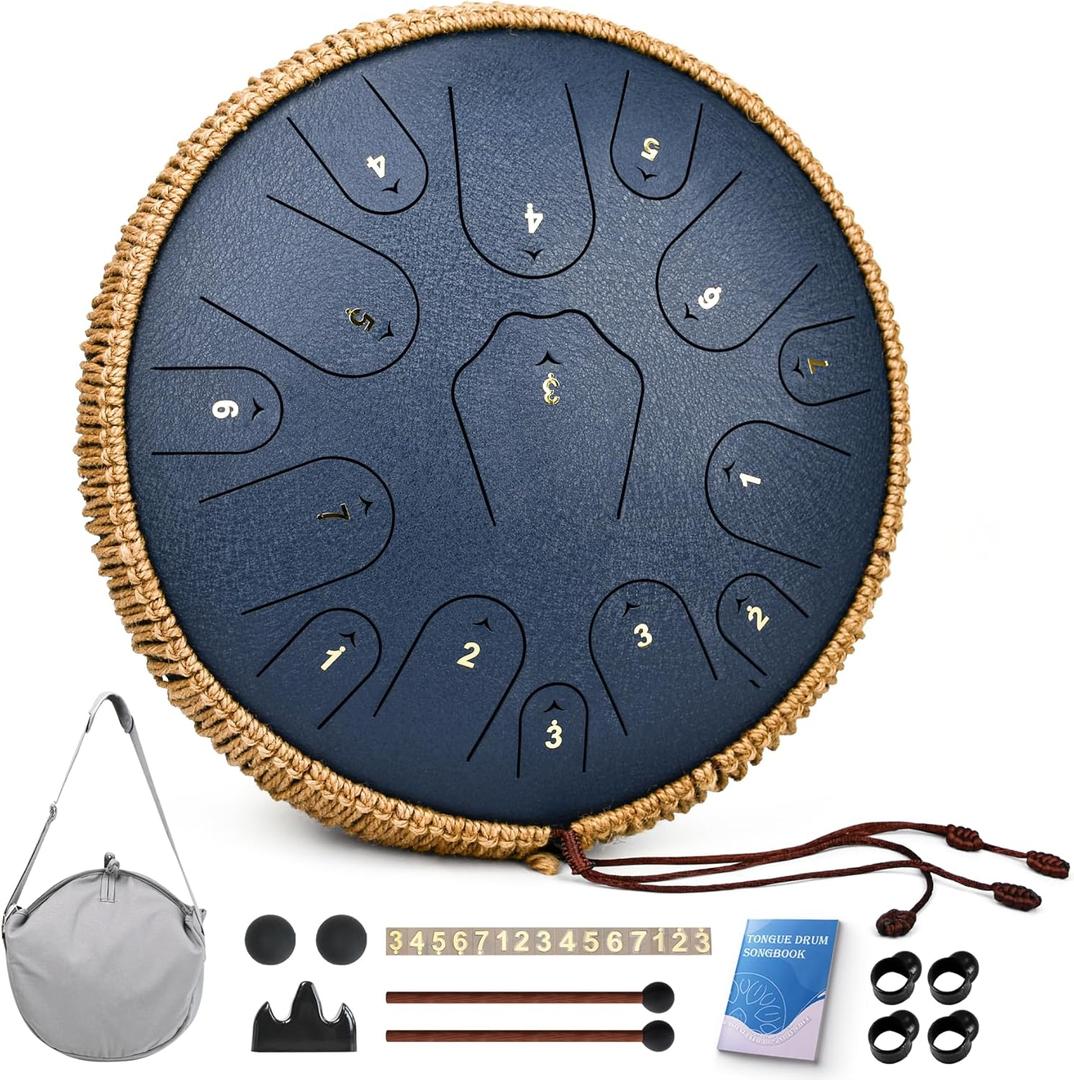Steel Tongue Drum-QingShi 15 Notes 14 Inch Steel Drum Instrument for Adults, Steel Handpan Drums with Handpan Drum Mallet, Music Book and Carry Bag, C Major (Navy Blue)