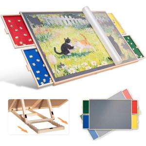 1500 Pieces Tilting & Rotating Puzzle Board, with Non-Slip Tabletop & Protective Cover, Sort-Wise Colorful Felt Drawers, Portable Wooden Jigsaw Puzzle Table for Adults, Birthday Gifts for Mom (Multicolor)