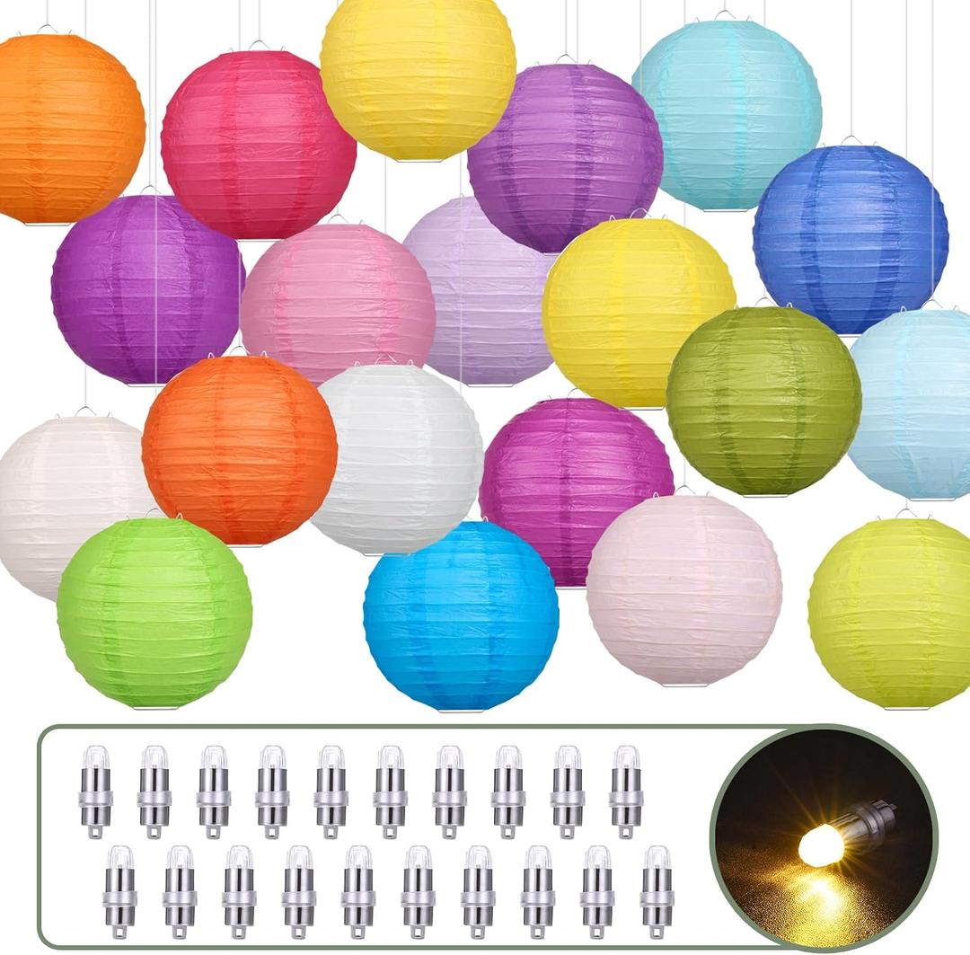LIHAO 20PCS Colorful Paper Lanterns with Lights, Hanging Chinese Paper Lanterns for Party Decorations Weddings Birthday New Year Outdoor Home Indoor (10 inches)