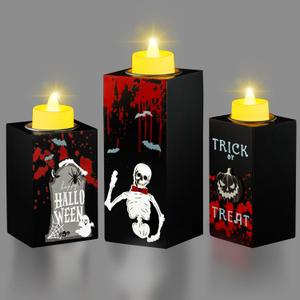 BlcTec Halloween Decorations, 3 PCS Halloween Wood Candle Holders with LED Tea Lights & 3D Carving Craft, Spooky Wood Candle Centerpieces for Home, Table, Office, Tiered Tray, Shelf Dcor, Black Color