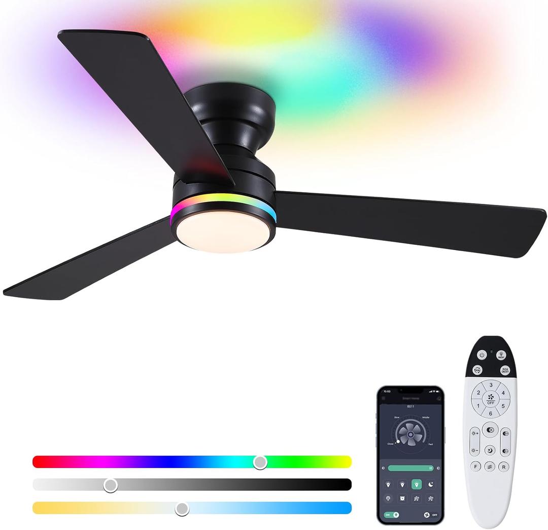 Asyko 46" Black RGB Ceiling Fans with Lights and Remote,Low Profile Ceiling Fans with Quiet Reversible DC Motor,Modern Flush Mount Ceiling Fan Light for Bedroom Kids Room