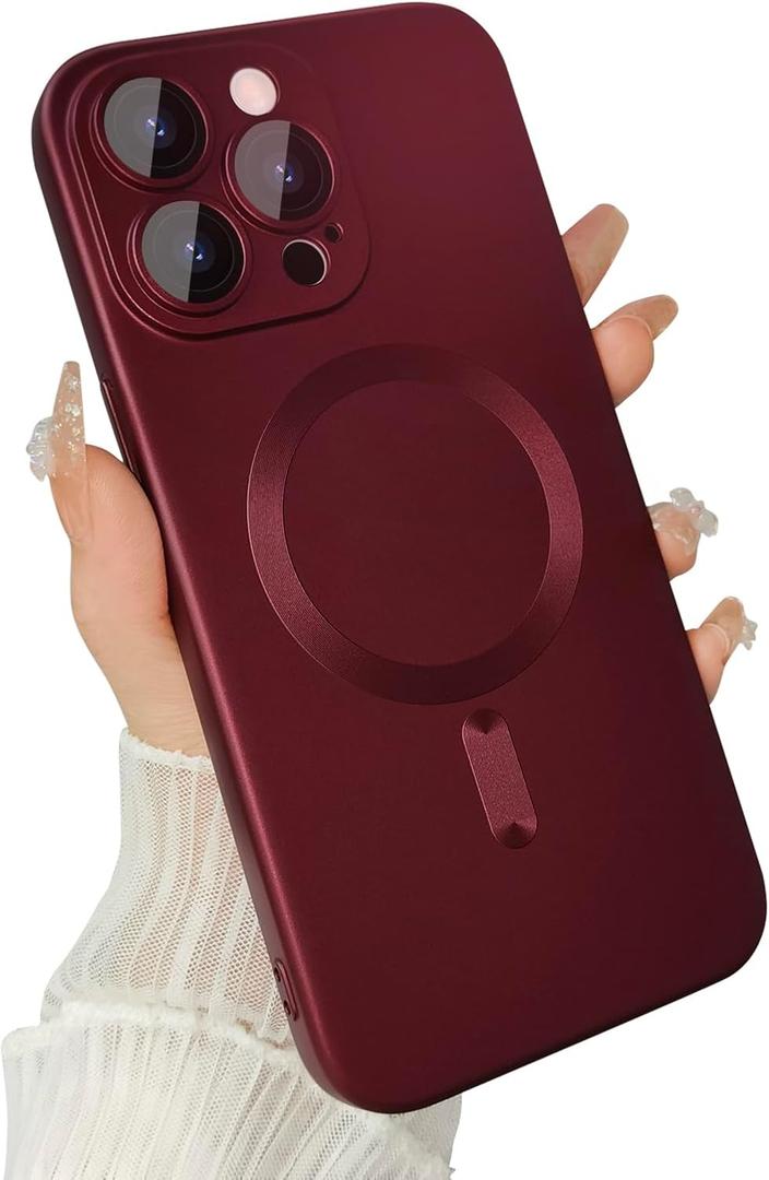 Magnetic for iPhone 15 Pro Max Phone Case for Women, Matte Luxury Soft Metallic Luster Design with Camera Lens Protector, Compatible with Magsafe Case for iPhone 15 Pro Max 6.7"-Red Wine