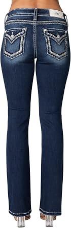 Miss Me Women's Silver Moonshine Faux Flap Pocket Mid-Rise Bootcut Jeans (Dark Blue, 30W x 34L)