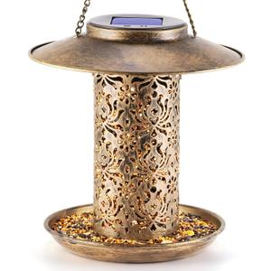 SWEETFULL Solar Bird Feeder for Outdoors Hanging, Metal Wild Bird Feeder for Cardinals Solar Garden Lantern with S Hook as Gift Ideas for Bird Lovers (2LBs Heavy Duty Weather Resistance birdfeeders)