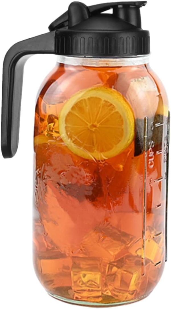 2 Quart (64oz) Wide Mouth Mason Jar Pitcher, Glass Pitcher with Lid - Heavy Duty, Leak Proof - Sun & Iced Tea Dispenser, Juice and Drinks, Breastmilk Storage - Black