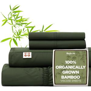 Bedsure 100% Organically Grown Bamboo Viscose Sheets - 18 Inches Deep Pocket Sheets with Elastic Corner, King Size Sheets Set, Ultra-Soft, Silky & Cooling Bedsheets, Oeko-Tex, 4 Pieces, Olive Green