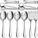 10 PCS Stainless Steel Serving Utensils, Large Serving Spoons Slotted Spoons, Serving Forks, Serving Tongs, Ice Suger Tongs, Metal Utensils Set Great for Buffet Catering Banquet Party (Silver)