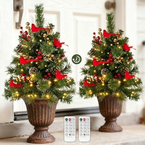 BLOSMON Outdoor Christmas Tree for Porch: 2 Sets 24 Inch Timer Prelit Planter Bushes with 10 Red Cardinals - Remote 60 Lights 8 Modes - Small Pot Urn Filler for Front Door Pathway Yard Decor