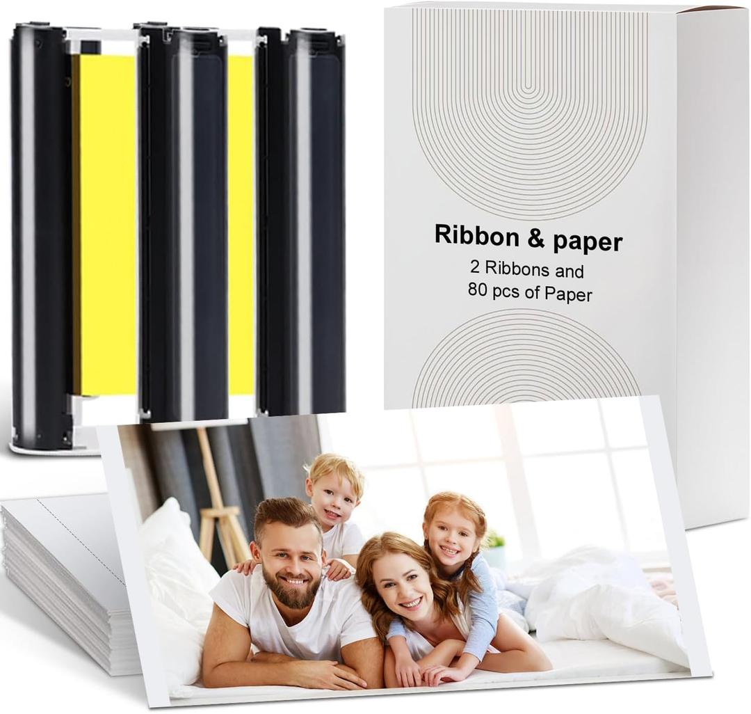 Compatible for M100/M200 4x6" Photo Printer 80 Sheets Photo Paper & 2 Ink Cartridges Refill,80 Sheets 4"X 6" Photo Paper Glossy and Two Ribbons for DHP512/DHP513 Printer