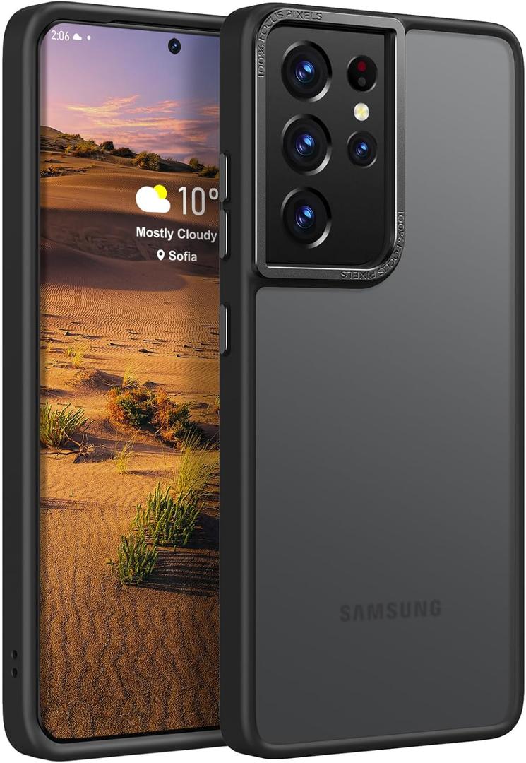 Rayboen for Samsung Galaxy S21 Ultra Case, Translucent Frosted Skin Feel Anti-Scratch Hard PC Back Soft Silicone Edge, Slim Fit Shockproof Protective Phone Cover for Samsung S21 Ultra, Matte Black