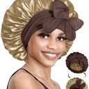 BONNET QUEEN Silk Bonnet for Sleeping Satin Bonnet with Tie Hair Wrap Double Layer Sleep Cap for Women Curly Hair, Brown Yellow (Medium)