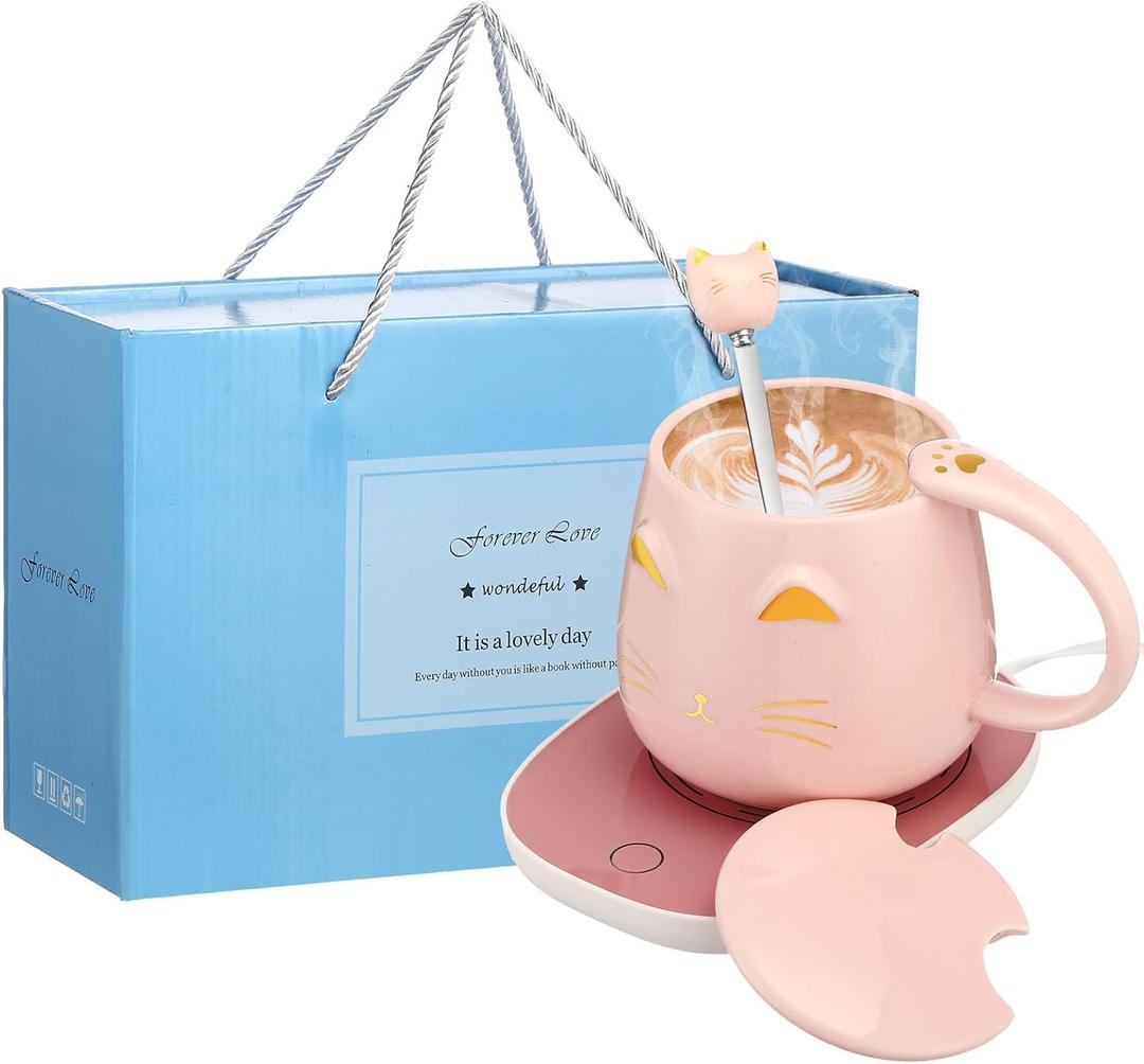 Cat Coffee Cup Warmer Coffee Warmer with Mug for Women Electric Coffee Mug Heater Temperature Control Ceramic Cute Cat Smart Coffee Warmer for Office Christmas Birthday Gift (Pink)