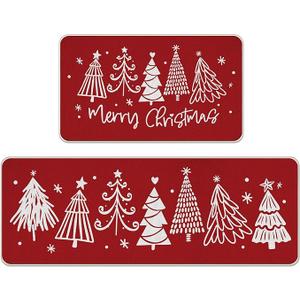 Tailus Merry Christmas Tree Red Kitchen Rugs Set of 2, Xmas Pine Trees Snowflake Floor Mats Decor, Winter Holiday Door Mat Home Decorations  17x29 and 17x47 Inches