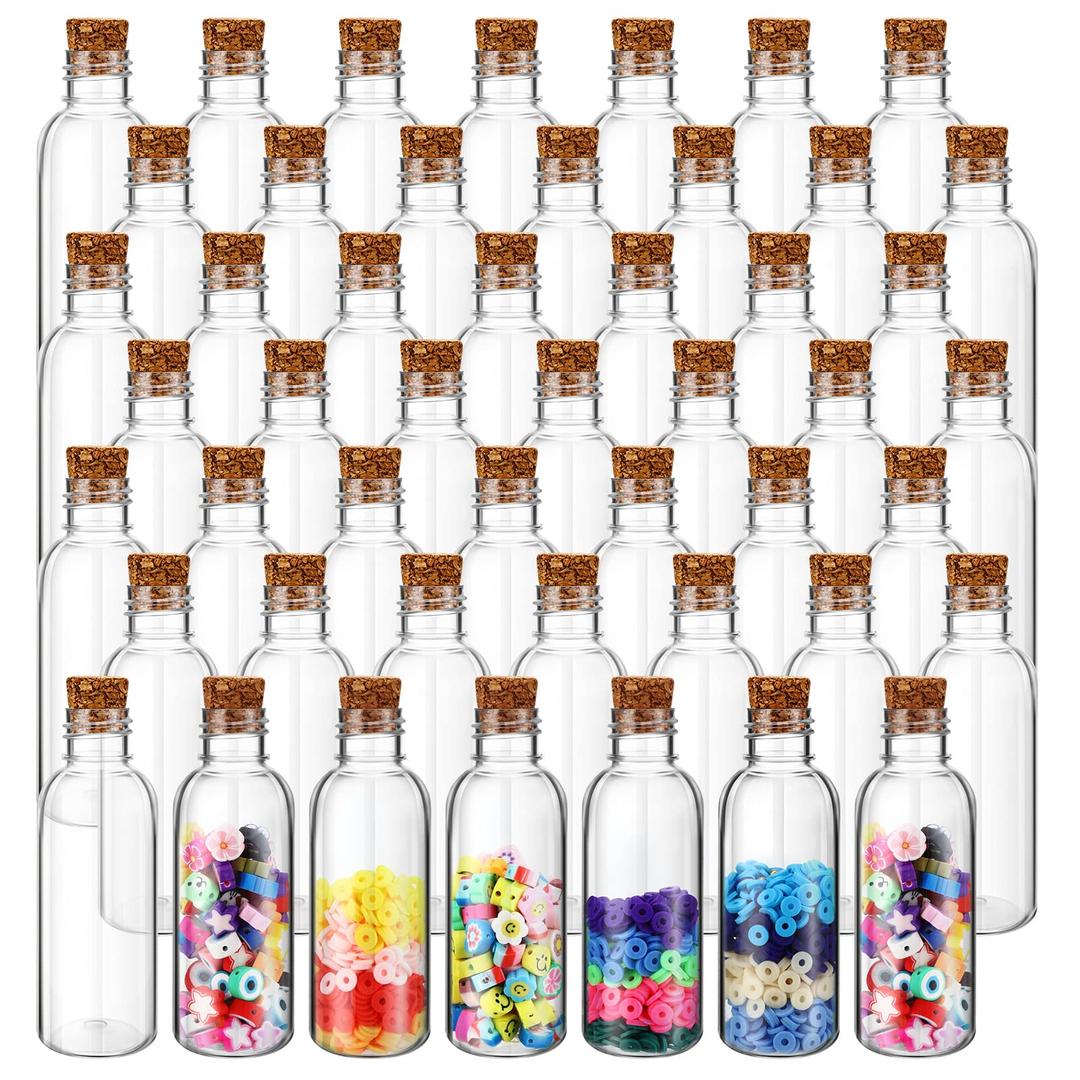 Yinkin 100 Pack Plastic Sand Art Bottles 2oz Clear Potion Containers Arts Crafts Mini Jars Vial Wish Message Bottle for Halloween DIY Wedding Party Favors