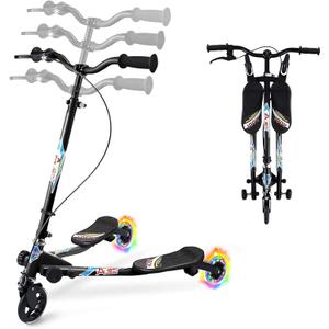 Swing Scooter for Kids, 3 Wheels Foldable Wiggle Kick Scooter Push Drifting with 4 Adjustable Handlebar & 2 Rear LED Wheel for Boys and Girls Ages 3-8 (Black)