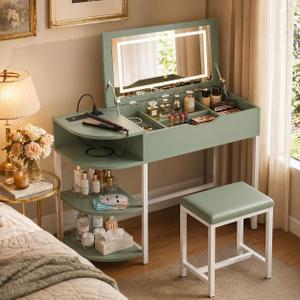 Cyclysio Vanity Desk with Flip Top Mirror and Lights, Makeup Vanity Desk with Drawers, Dressing Table with Storage Shelves & Charging Station, Small Vanity for Small Spaces, Green
