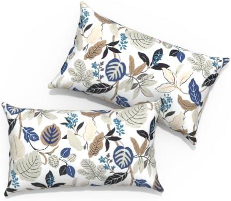 TWLEAR Outdoor Lumbar Pillows 12x20 inch, Rectangle Throw Pillows with Inserts, Decorative Lumbar Cushions for Patio Furniture Garden Couch Home Sofa Office Chair, Pack of 2, Breeze Leaves Beige