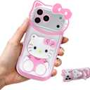 Cartoon Case for iPhone 17 Pro Max 6.9'', Cute Cat Phone Holder Stand with Makeup Mirror, Kawaii Phone Cases, Funny Cool Unique Protective Cover for Women Teen Girls Kids (Pink)