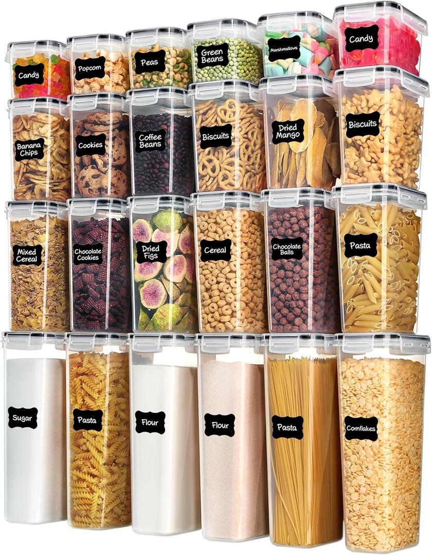 Airtight Food Storage Containers with Lids, Vtopmart 24 pcs Plastic Kitchen and Pantry Organization Canisters for Cereal, Dry Food, Flour and Sugar, BPA Free, Includes 24 LabelsBlack, Tall, Large, Medium, Small