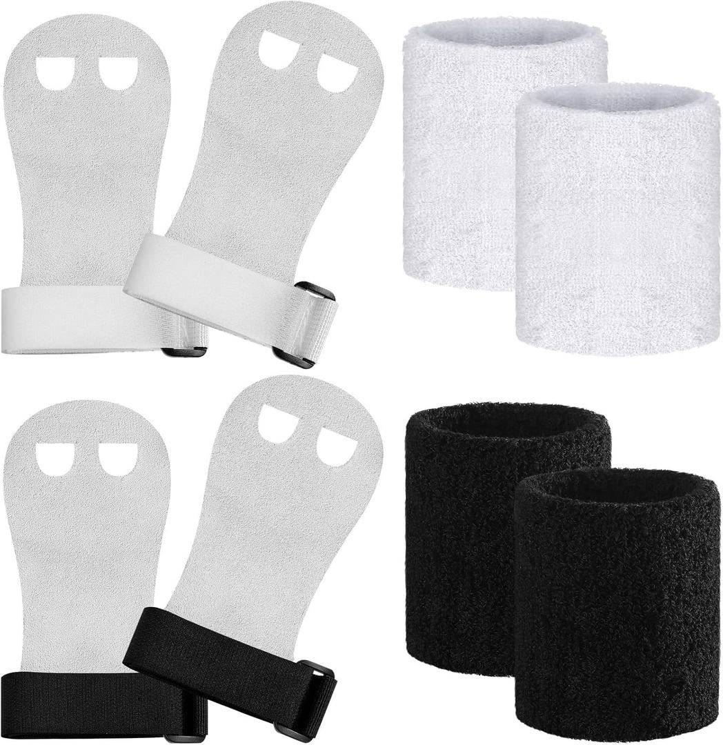 2 Gymnastics Grips Wristbands Sets for Kids Youth, Palm Protection and Wrist Support Sports Accessories for Workout Exercise (Black, White)