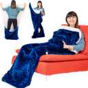 Premium Double Layer Foot Pocket Blanket -Patent Pending- TV Throw - Gamer Gifts for Men Who Want Nothing - Lap Blanket (Double Layer Sherpa-Fleece, Velvet Blue)