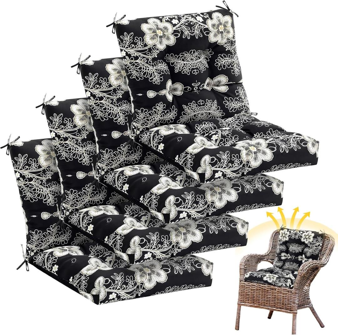 Marsui 4 Pcs Outdoor Indoor High Back Chair Cushions Patio Furniture Tufted Pillow with Ties Water-Resistant Replacement Outdoor Rocking Chair Cushions, 42 x 21 Inches (Black,Flower)