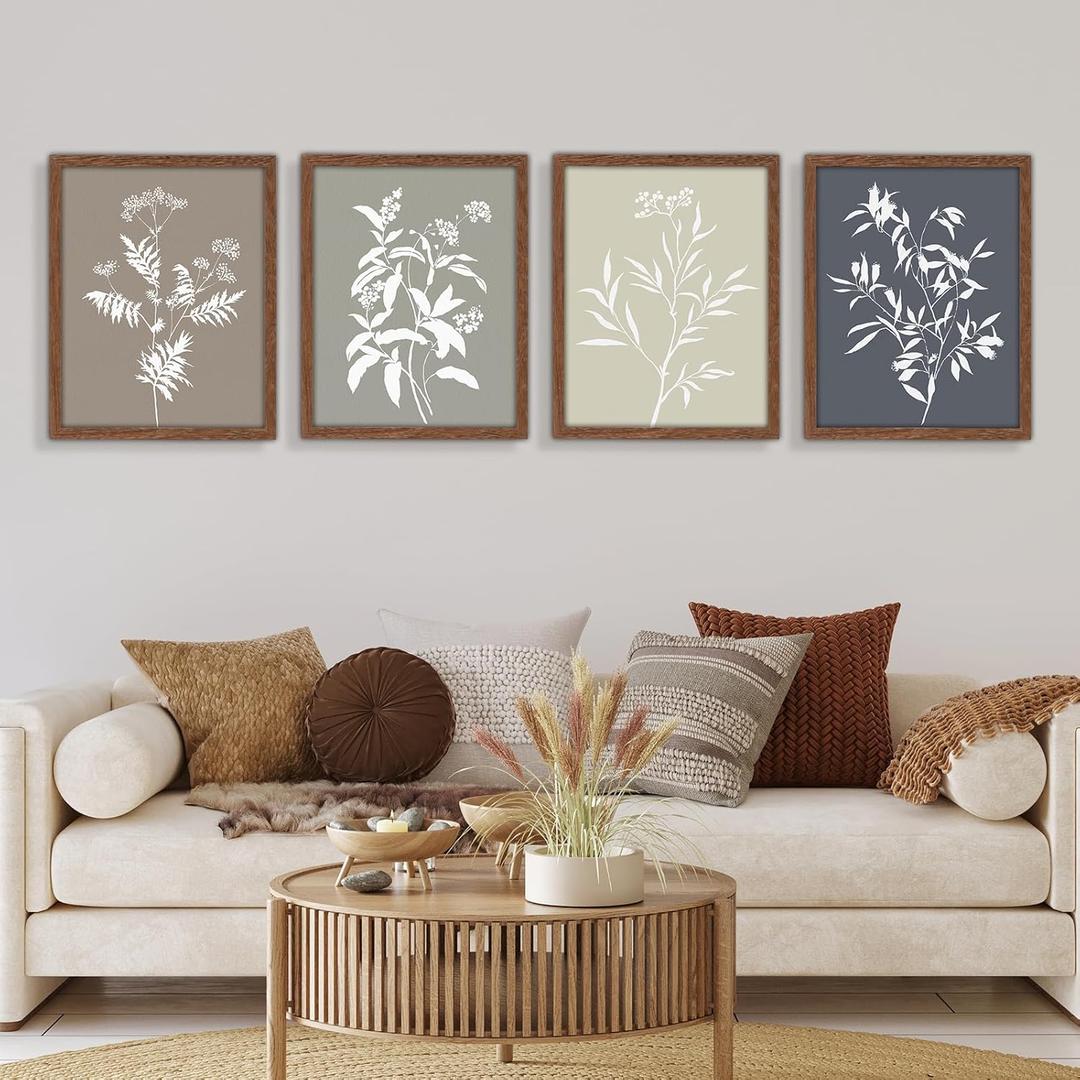 JJY Framed Boho Plants Wall Art Set of 4 -Wooden Wall Art Minimalist Botanical Prints Wall Art Decor Aesthetics -Rustic Vintage Farmhouse Home Living Room Kitchen Bathroom Wall Decor (11"x14")